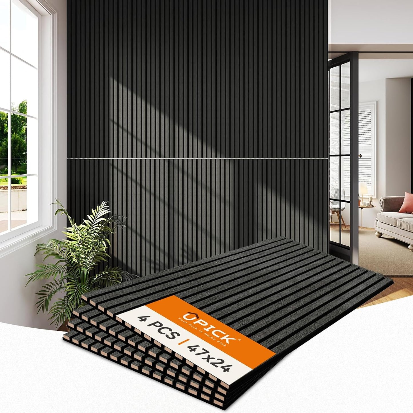 Upick MDF Acoustic Wall Panels, 4 Pack 48" x 24" 3D Slat Wood Panels for Wall, Soundproof Panels for Interior Wall Decor, Natural Black