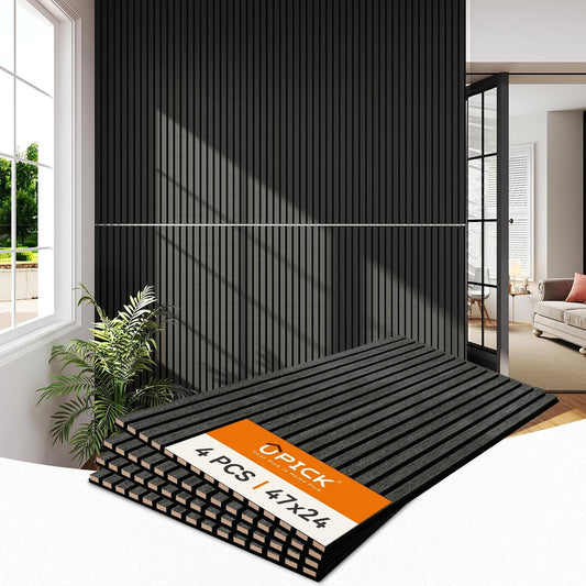 Upick MDF Acoustic Wall Panels, 4 Pack 48" x 24" 3D Slat Wood Panels for Wall, Soundproof Panels for Interior Wall Decor, Natural Black