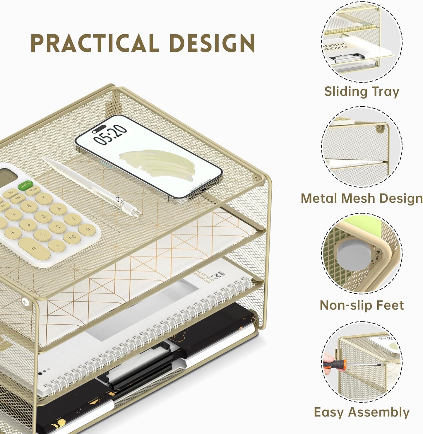 DALTACK 3 Tier Letter Tray Paper Organizer Mesh Metal Desk File Organizer for Home & Office, Golden Yellow