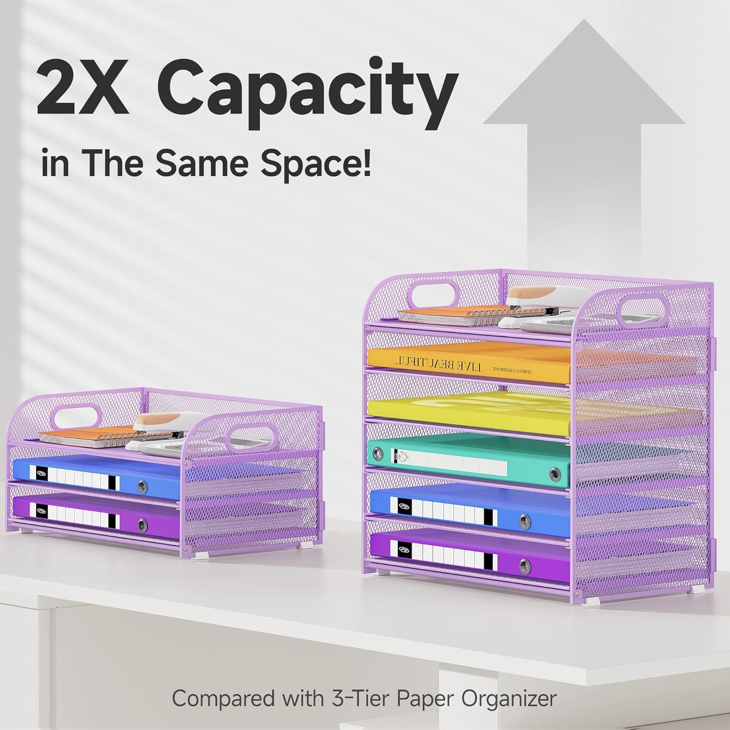 6 Tier Paper Organizer with Handle, Metal Desk Organizer Mesh Paper Letter Tray Desktop File Folder Document Sorter for Classroom, School, Office Accessories Organization and Storage - Purple