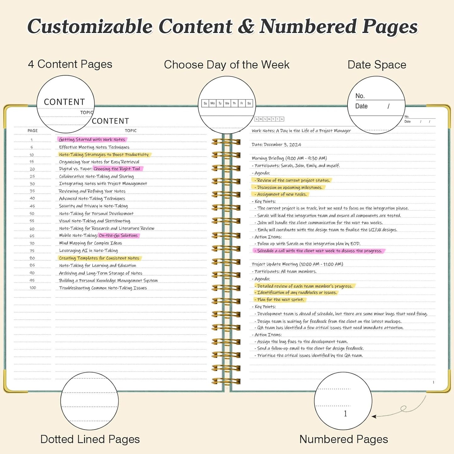 Spiral Notebook, 300 Numbered Pages Notebooks College Ruled with Contens, 100GSM Thick Journal for Women Men, Hardcover Leather Lined Journal for Writing, Large A5 Journaling Notebooks for Work School