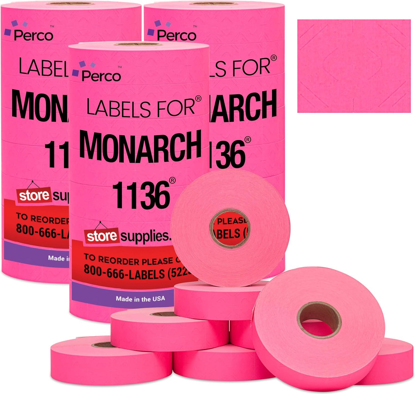 Perco Fuorescent Pink Pricing Labels for Monarch 1136 Price Gun – 3 Sleeves, 24 Rolls Value Pack - 42,000 Price Marking Labels – with Ink Rolls Included