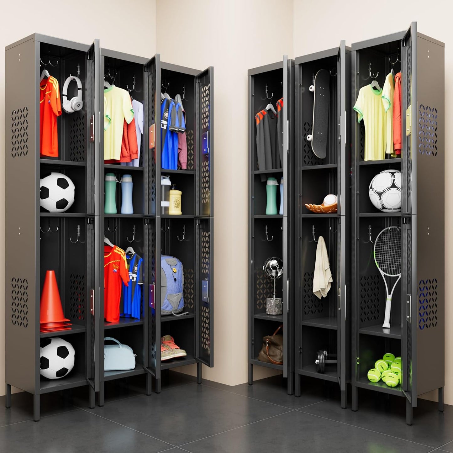 2 Doors Metal Locker with Adjustable Shelves and 6 Hooks,Metal Lockers for Employees for Gym,School,Office,Home,Garage,Assembly Required,Black