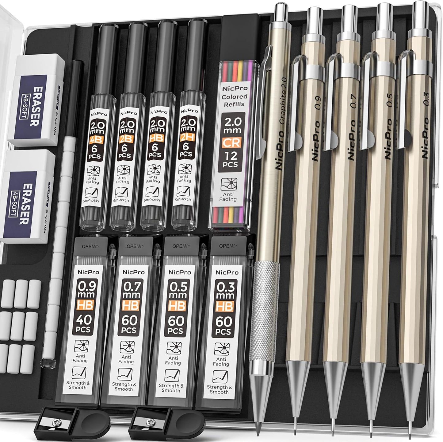 Nicpro 5 PCS Art Mechanical Pencils Set, Metal Drafting Pencil 0.3 & 0.5 & 0.7 & 0.9 & 2mm Graphite Lead Holder(4B 2B HB 2H Colored) for Sketching Drawing With Lead Refills Eraser Case