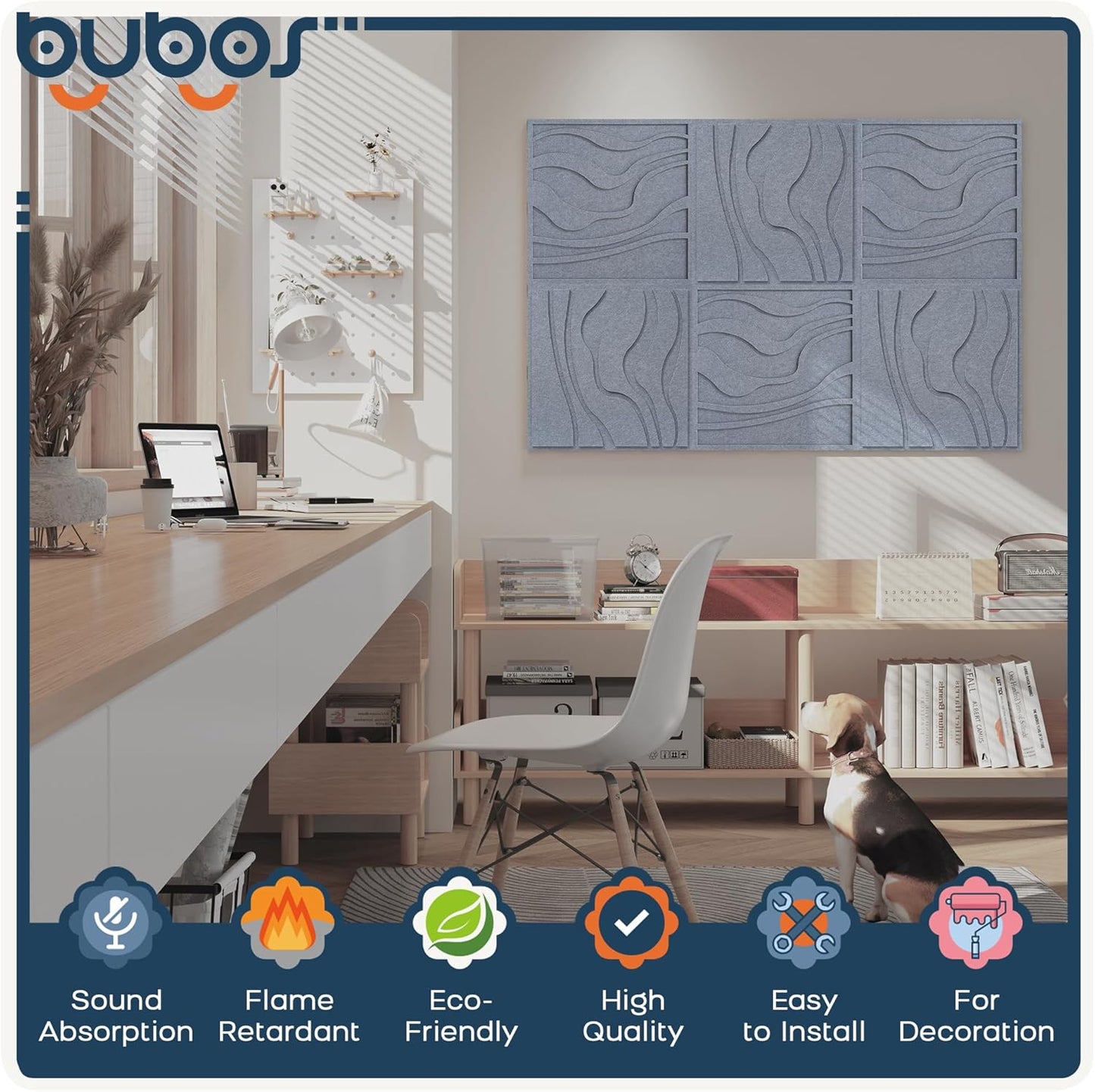 BUBOS Large Acoustic Panels, 6-Pack Soundproof Wall Panels Thickened 23.6 x 23.6 Inches, Self-adhesive Sound Absorbing Panels Decorative for Recording Studio Office Home Theater, Dark Grey