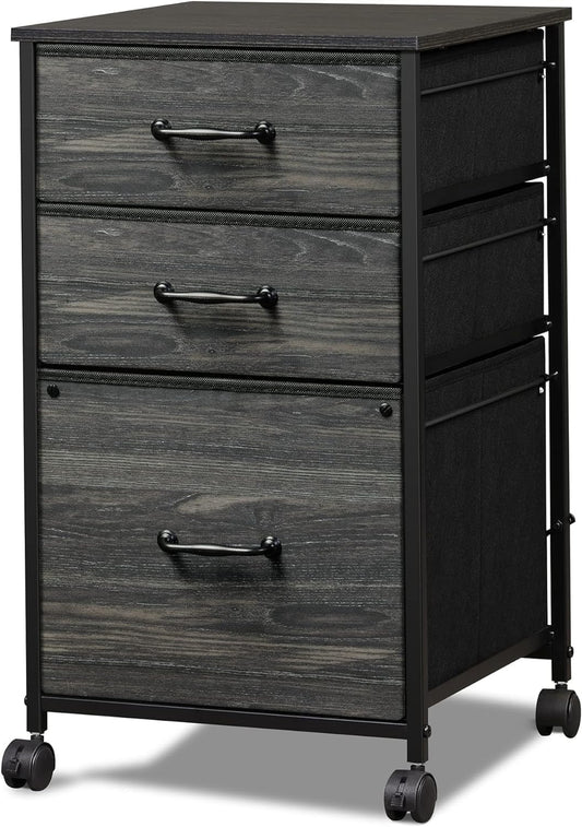 DEVAISE Mobile File Cabinet, Rolling Printer Stand with 3 Drawers, Fabric Vertical Filing Cabinet fits A4 or Letter Size for Home Office, Charcoal Black Wood Grain Print