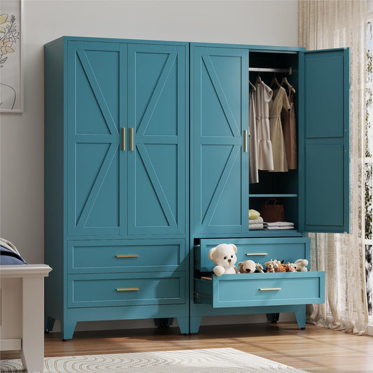 Metal Wardrobe Cabinet with Hanging Rod, 71" Armoire Wardrobe Closet with 2 Drawers,Farmhouse Metal Clothing Storage Cabinets with Door and Adjustable Shelves for Bedroom,Laundry Room(Blue)