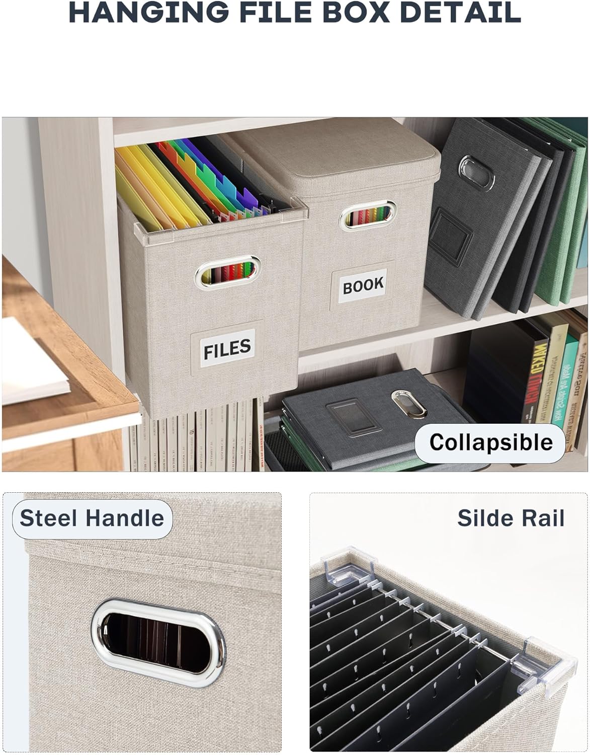 Oterri File Organizer With Lid, Hanging Filing Box With Mesh Pocket, Document Organizer for Letter Files, Portable Storage With Smooth Sliding Rail for Office & Home (2 PCS, Beige)