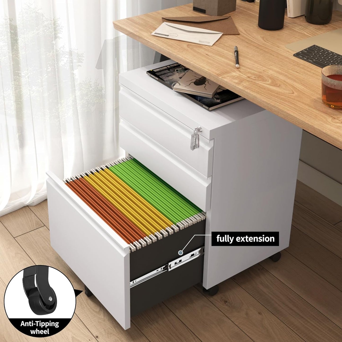 Mobile File Cabinet for Home Office, Lockable 3 Drawer Filing Cabinet with Wheels for A4-Size/Letter-Size/Legal-Size, Fully Assembled Except Casters, White