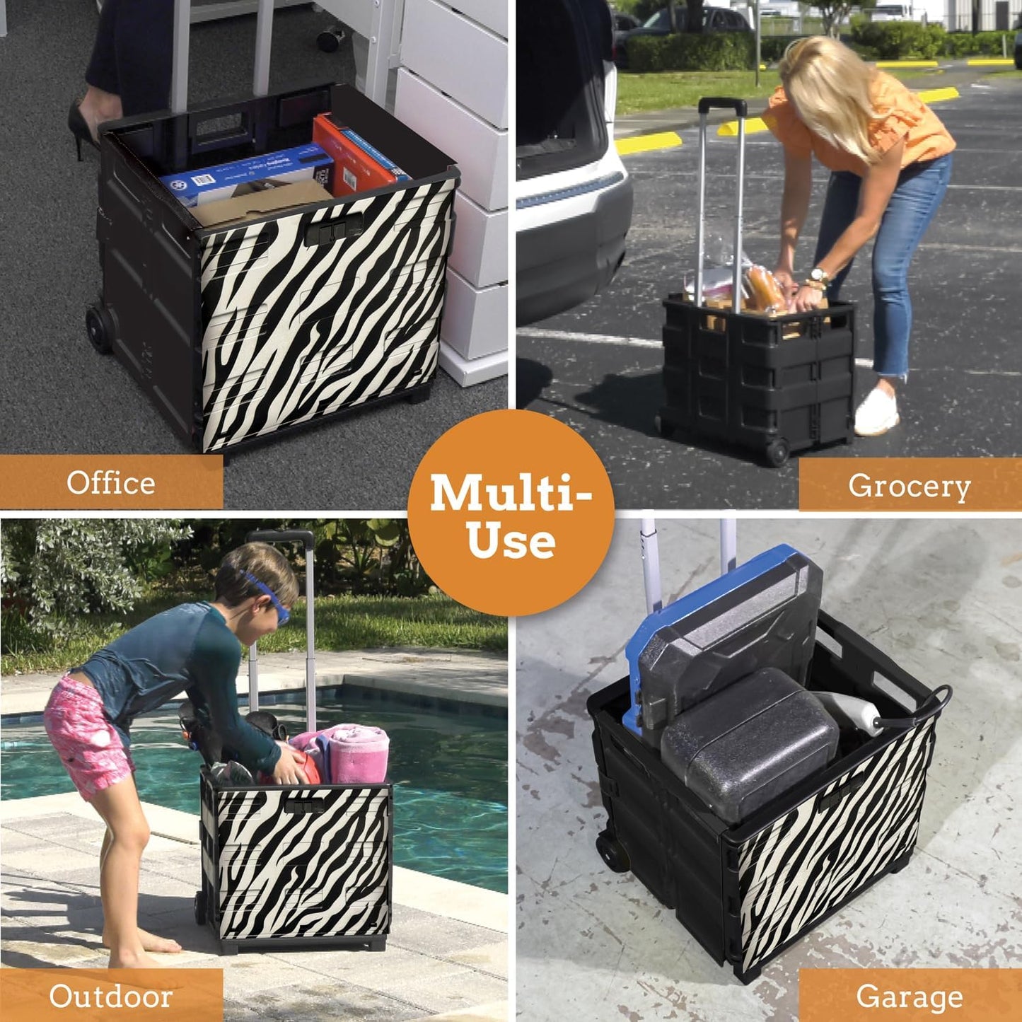 Inspired Living Ultra-Slim Rolling Collapsible Storage Pack-N-Roll Utility-carts, with Telescopic Handle, for Home, Garden, Shopping, Office, School use, Large, Zebra