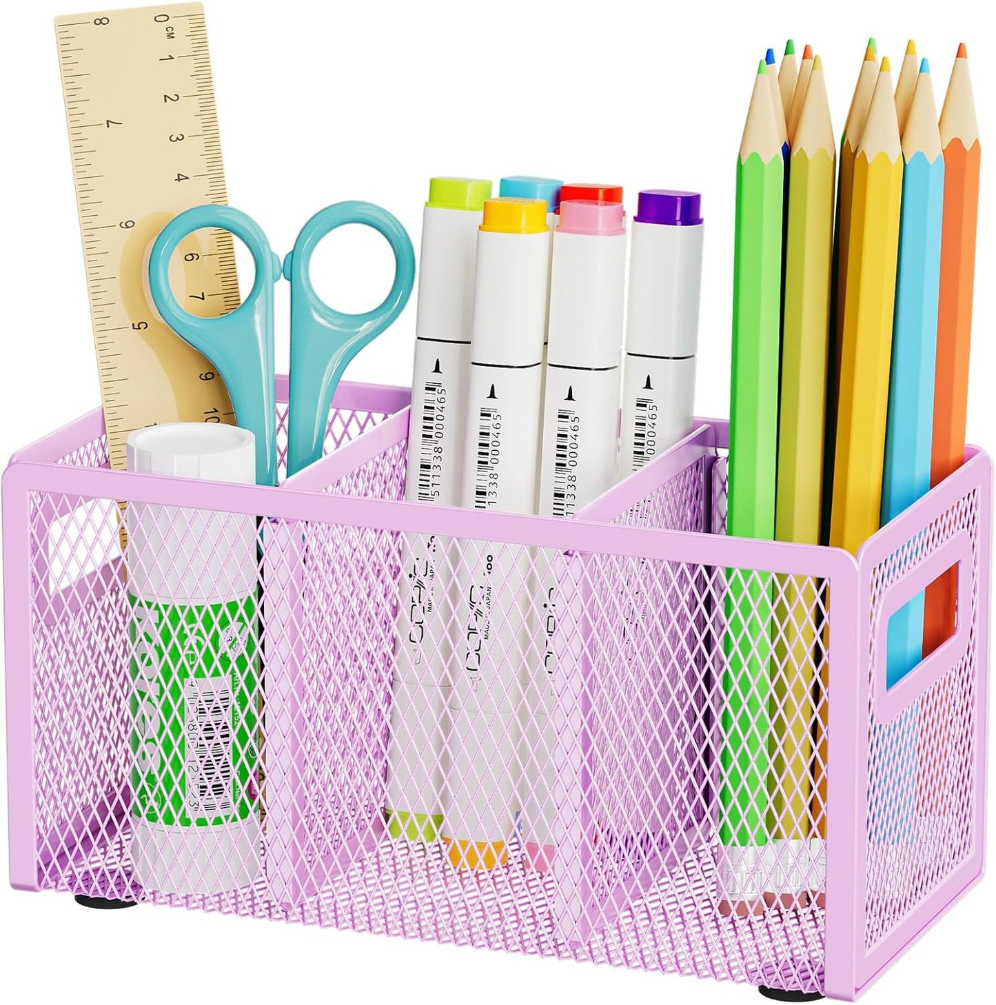 Marbrasse Mesh Pen Holder for Desk,Pencil Holder Desk Organizer 3 Adjustable Compartments,Pencil Cup with Handle Perfect for Classroom, Office, Home,Makeup,Art (Purple)