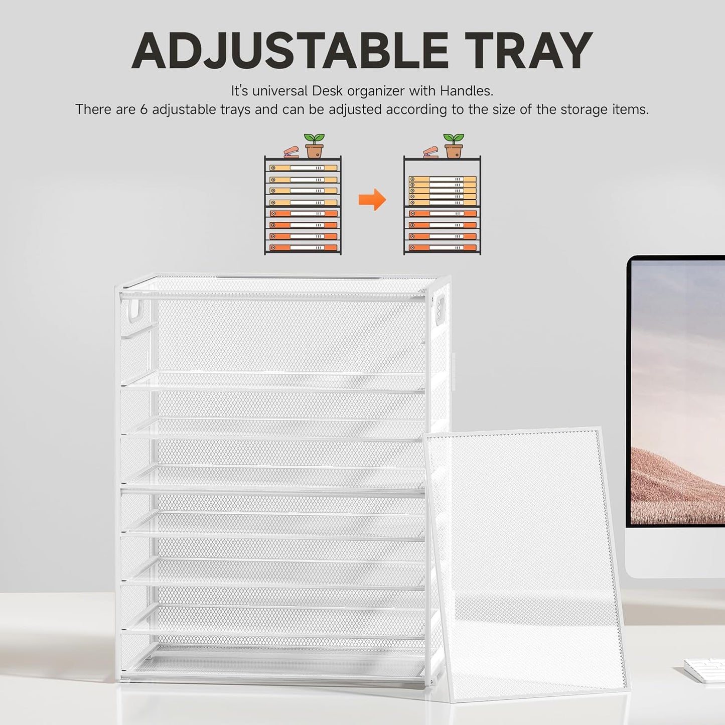 SUBEKYU 9 Tier Paper Letter Tray Desk Organizer with Handles - White Metal Mesh File Holder Paper Sorter Desk Organizer for Office Home School, Include 6 Pcs Adjustable Slid Tray, 6 Colors Available