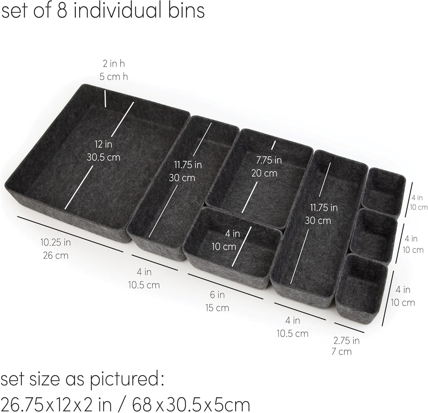 Three by Three Seattle Felt·Like·It! Felt Bins for Office, Crafts, Classroom, Living Room, Bedroom: Charcoal, Set of 8