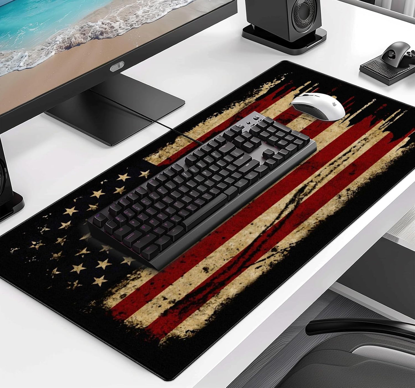 Large Extended Gaming Mouse Pad with Stitched Edges, Non-Slip Waterproof Rubber Base Mouse Pad for Office, Computer, Keyboard, Laptop and Home Desk Pad 35.4 x 15.7 x 0.12 Inch (American Antique Flag)