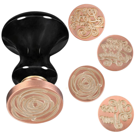 rockcloud Wax Seal Stamp Set, 4 Pieces Sealing Wax Stamps Copper Seals with 1 Black Obsidian Seal Handle for Cards Envelopes Invitation Decoration, Love Expressiont with Rose