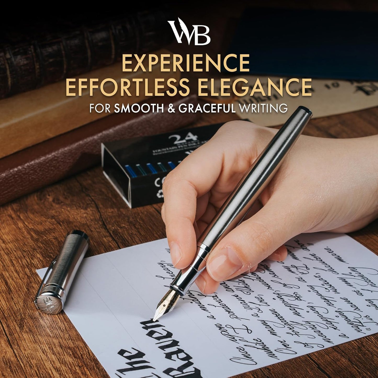 Wordsworth & Black Fountain Pen Set, Broad Nib, Includes 24 Pack Ink Cartridges, Ink Refill Converter & Gift Box, Chrome Finish, Calligraphy, [Silver Chrome], Perfect for Men & Women