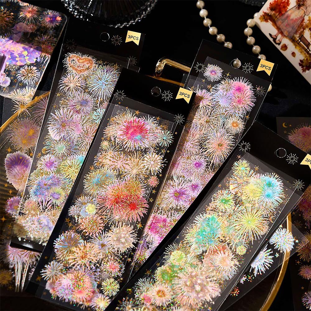 12 Sheets Fireworks Landscape Stickers for Scrapbooking Scrapbook Stickers Aesthetic Glitter Sticker Sets PET Transparent Sticker for Journaling Journal Supplies Decals for Scarp Booking Supples Kit