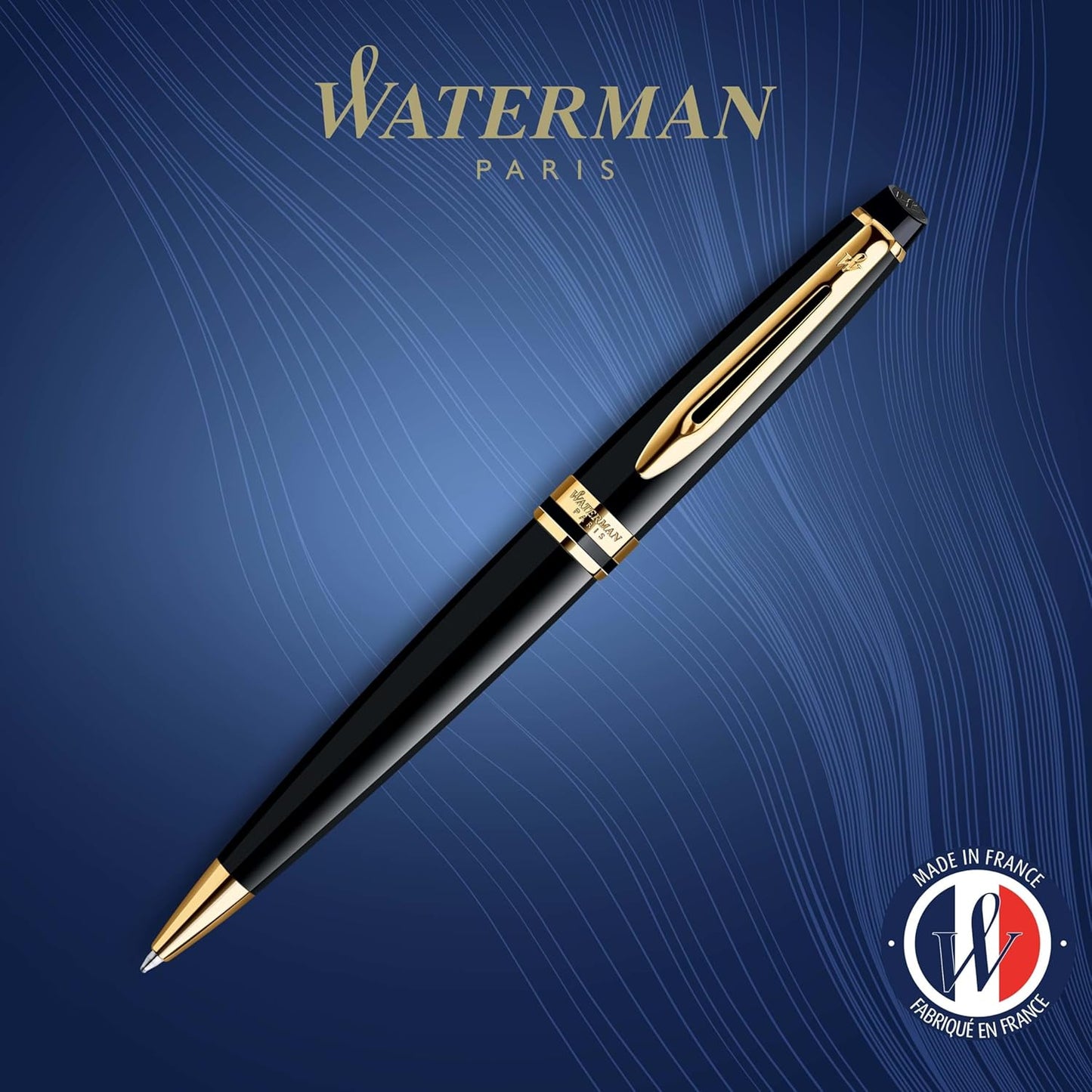 Waterman Expert Ballpoint Pen, Black with Golden Trim, Medium Tip, Blue Ink, Gift Box