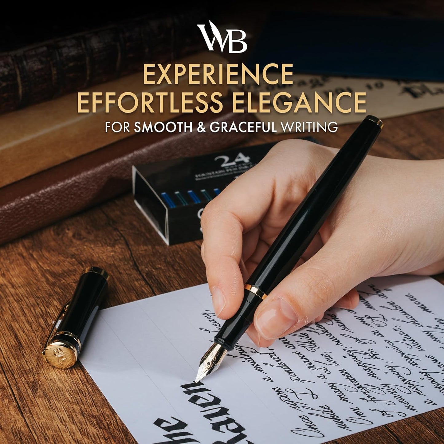 Wordsworth & Black Fountain Pen Set, 18K Gilded Broad Nib, Includes 24 Pack Ink Cartridges, Ink Refill Converter & Gift Box, Gold Finish, Calligraphy, [Black Gold], Perfect for Men & Women
