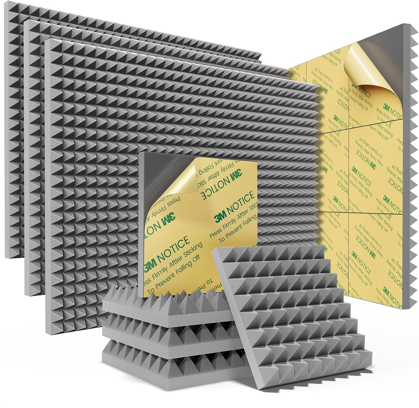 Sonicism Acoustic Panels Self-Adhesive 48 Pack Pyramid 2"X12"X12" Soundproof Wall Panels Fast Expand Sound Proof Foam Panels for Walls 35kg/m³High Density,Sound Absorption & Decoration,Gray