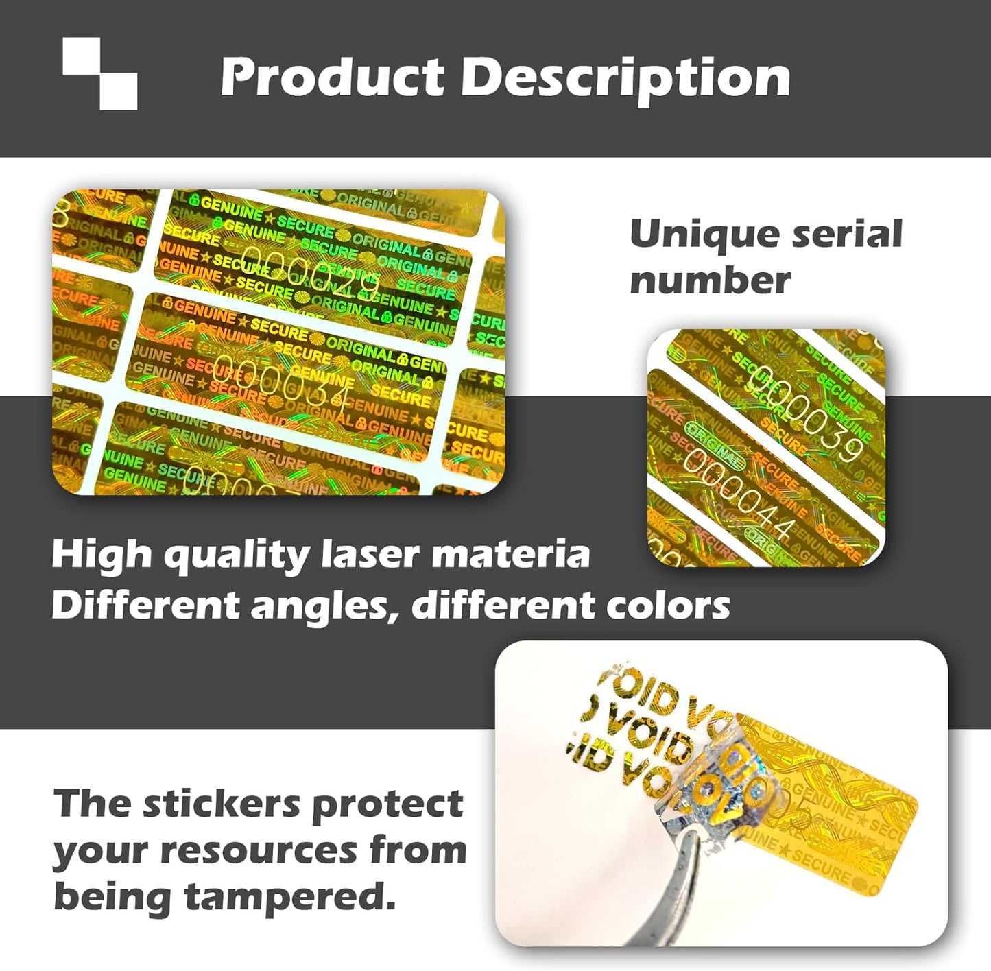 180pcs Hologram Tamper Proof Stickers Security Labels Genuine Warranty Void Seal Tamper evident Original Sticker with Unique Serial Number (1.2x0.4inch,Gold)