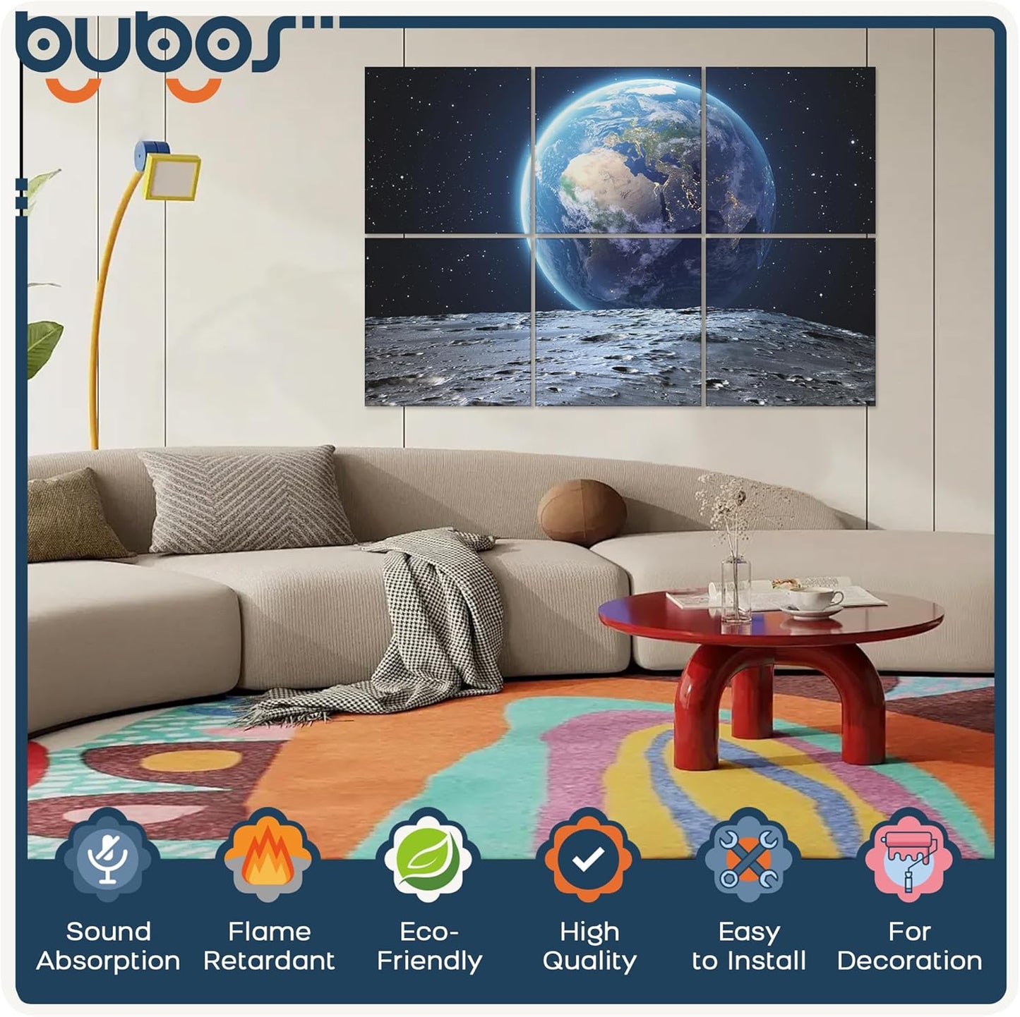 BUBOS 6 Pack Art Acoustic Panels Soundproof Wall Panel,70.8X47.2 Inches Large Sound Absorbing Panel,Self-adhesive Decorative Acoustical Wall Panels, Acoustic Treatment for Home Office（Earth）