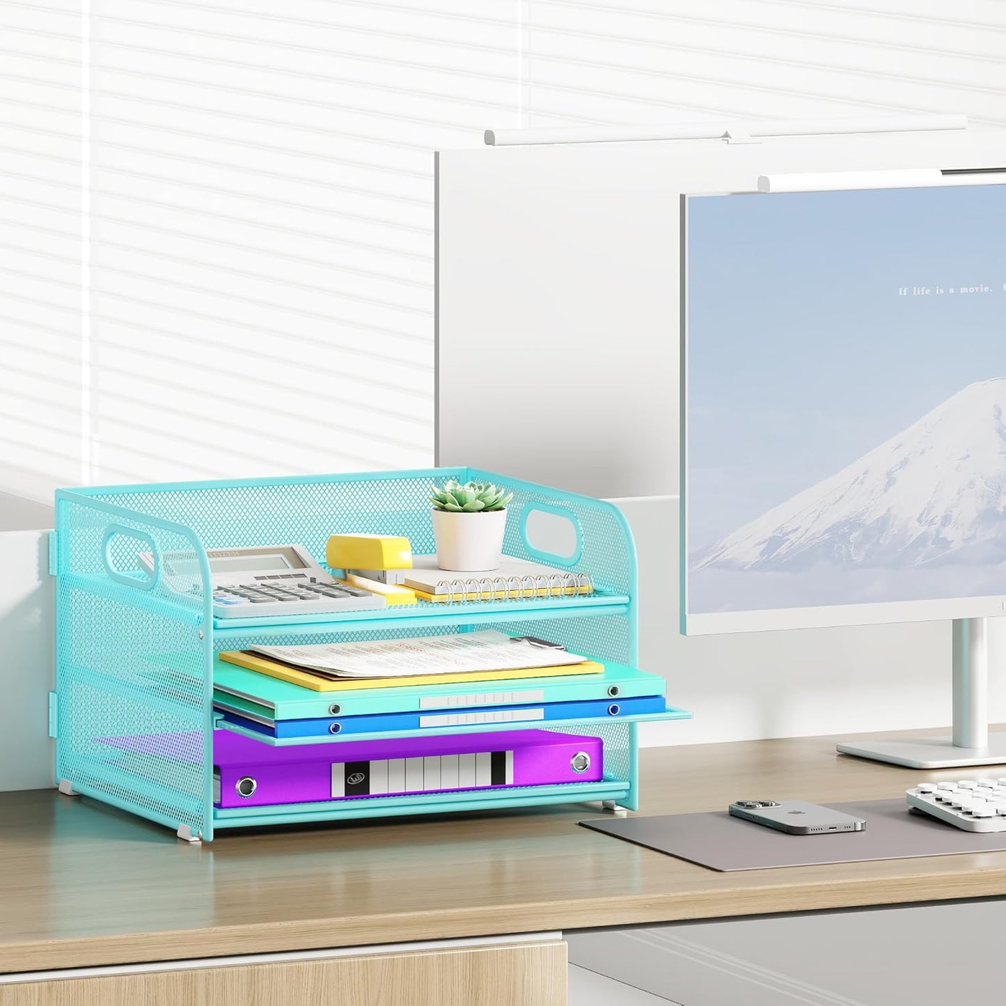 3 Tier Paper Organizer with Handle, Metal Desk Organizer Mesh Paper Letter Tray Desktop File Folder Document Sorter for Classroom, School, Office Accessories Organization and Storage - Blue