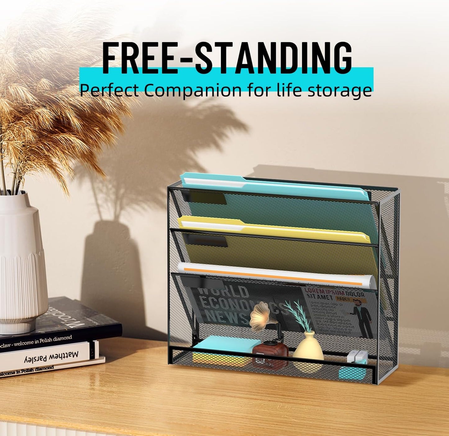 SUPEASY 4-Tier Wall File Organizer Mesh Office Mail Holder, Hanging Wall Organizer Magazine Rack for Office Black