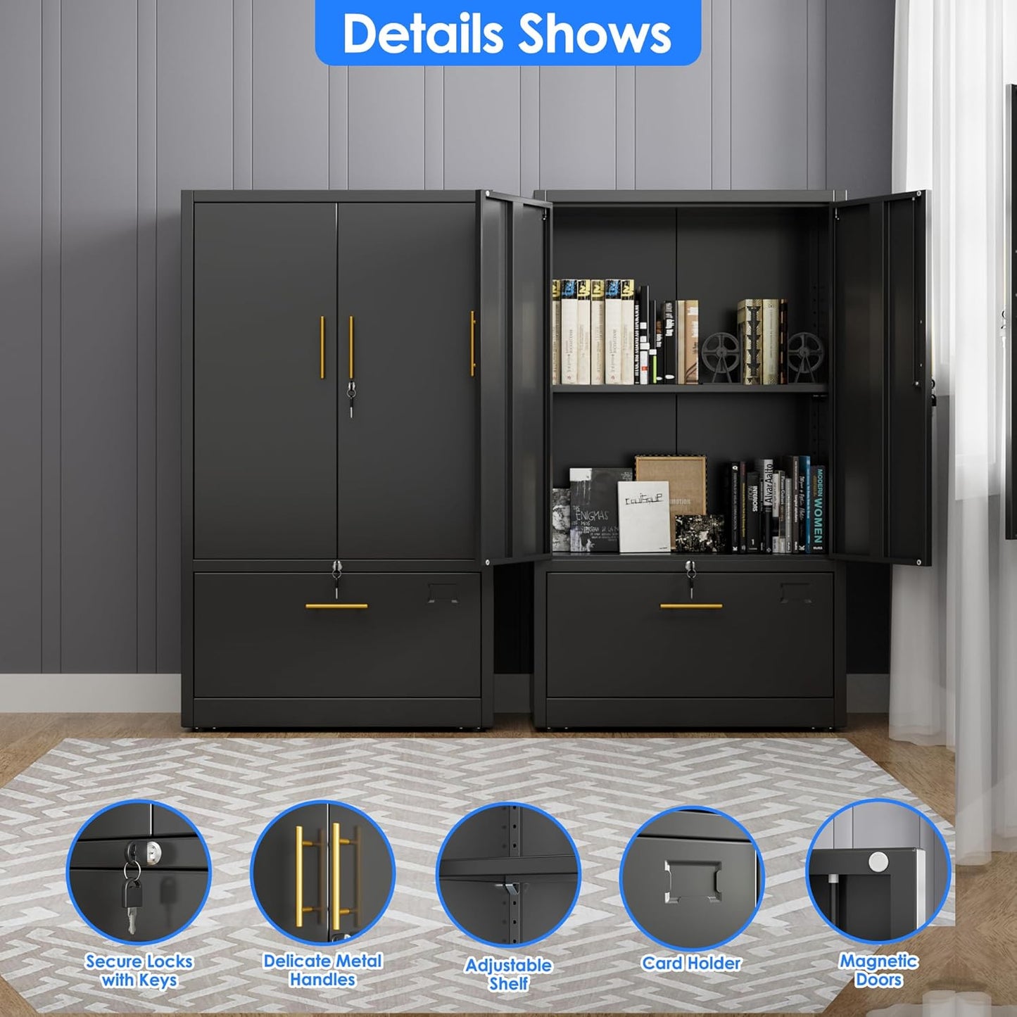 1 Drawer Lateral File Cabinet with Lock, Metal Filing Storage Cabinet with Locking Doors and Adjustable Shelf for Home, Office, School, Fits A4/Letter/Legal Size Folders, Black