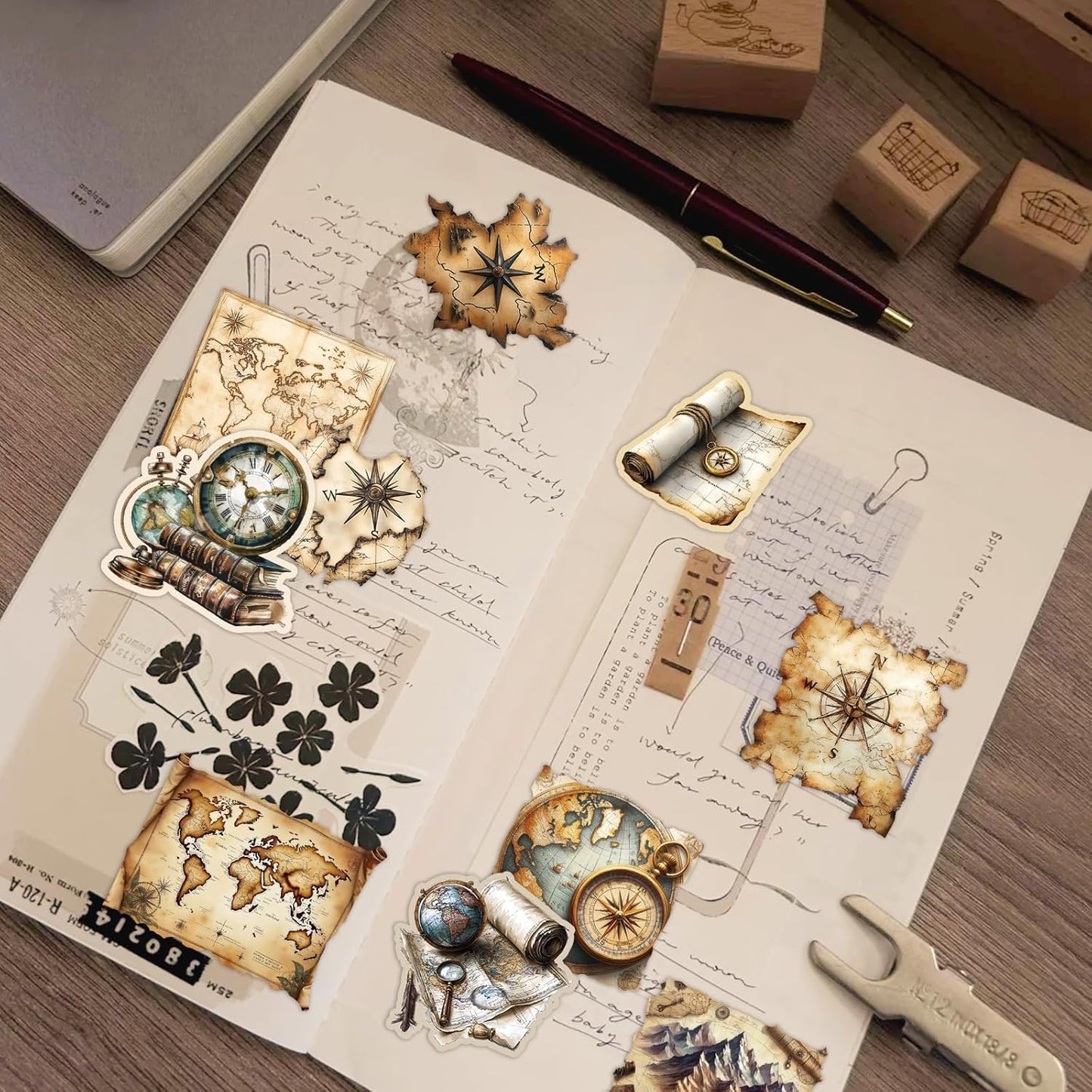 PRSTINCOL 100Pcs Vintage Sticker Pack,Cute Map Design Scrapbook Supplies, Vintage Aesthetic Junk Journal Accessories, Waterproof Vinyl Stickers for Water Bottles, Planners, Journals