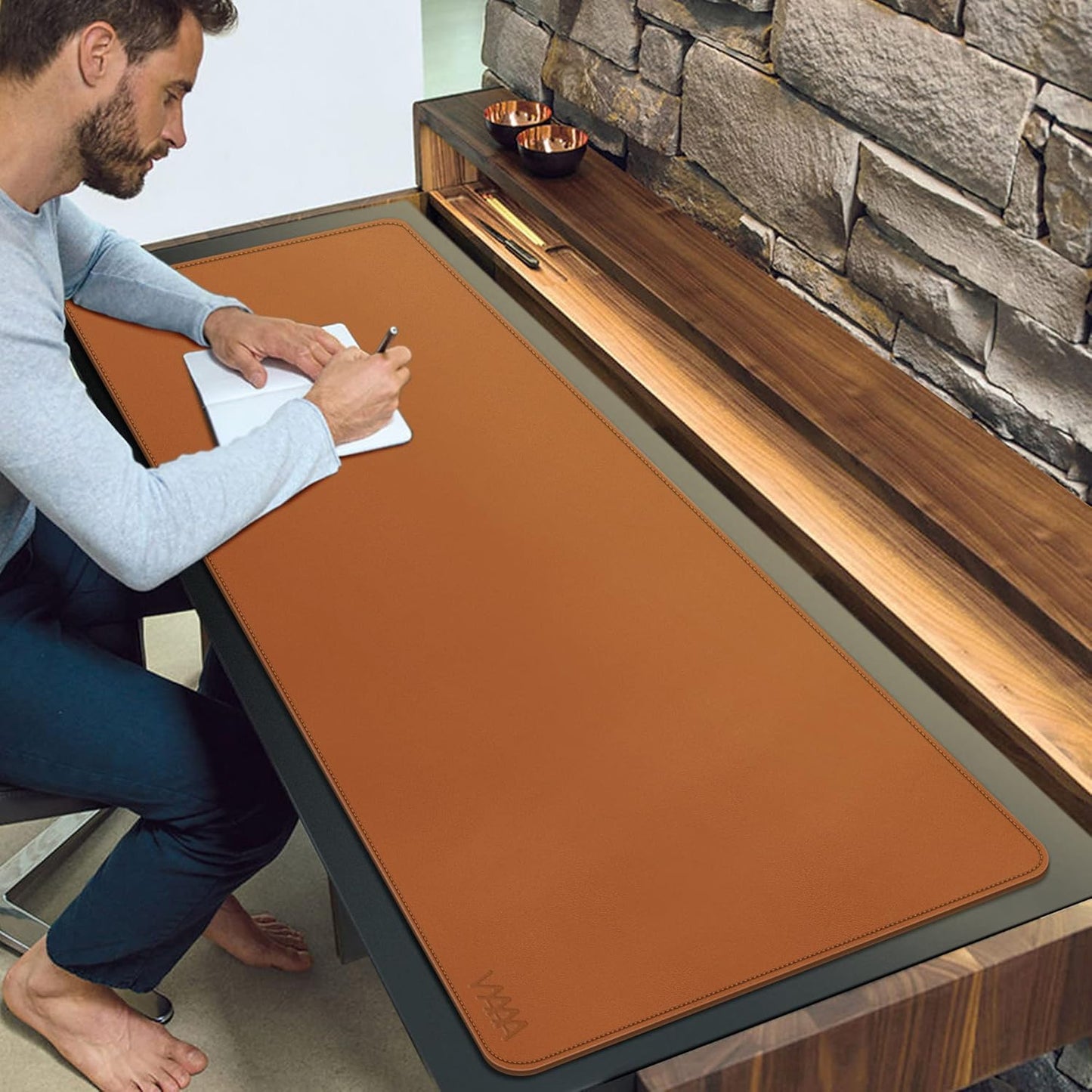 Vyaaa Desk Mat on top of Desks, 63" x 24" PU Leather Desk Mat, Large Desk Blotter Pad for Office, Home, Gaming, Computer, Laptop, Keyboard and Mouse - Light Brown