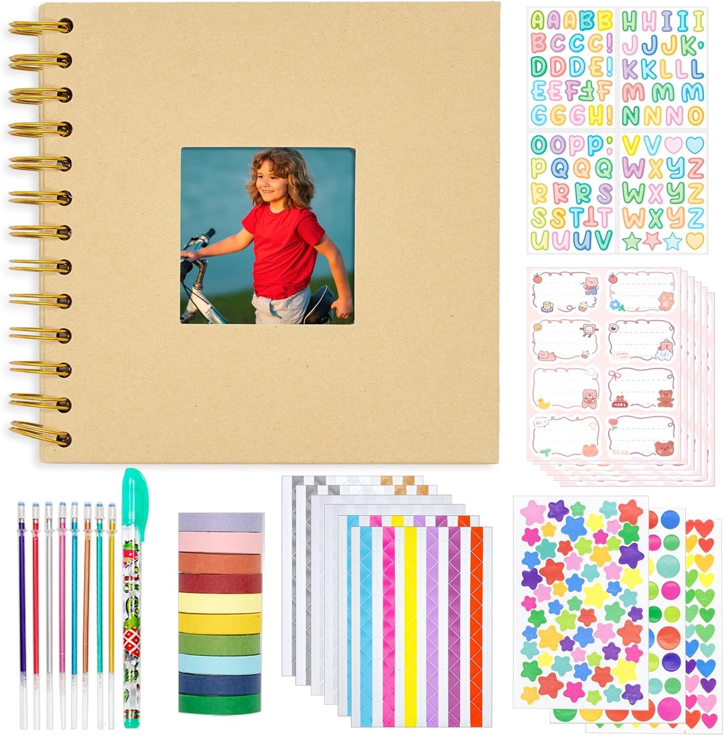 Kid Scrapbook Photo Album Hard Cover DIY Photo Album for Kids Instant Camera Print Paper with DIY Accessories (Brown)