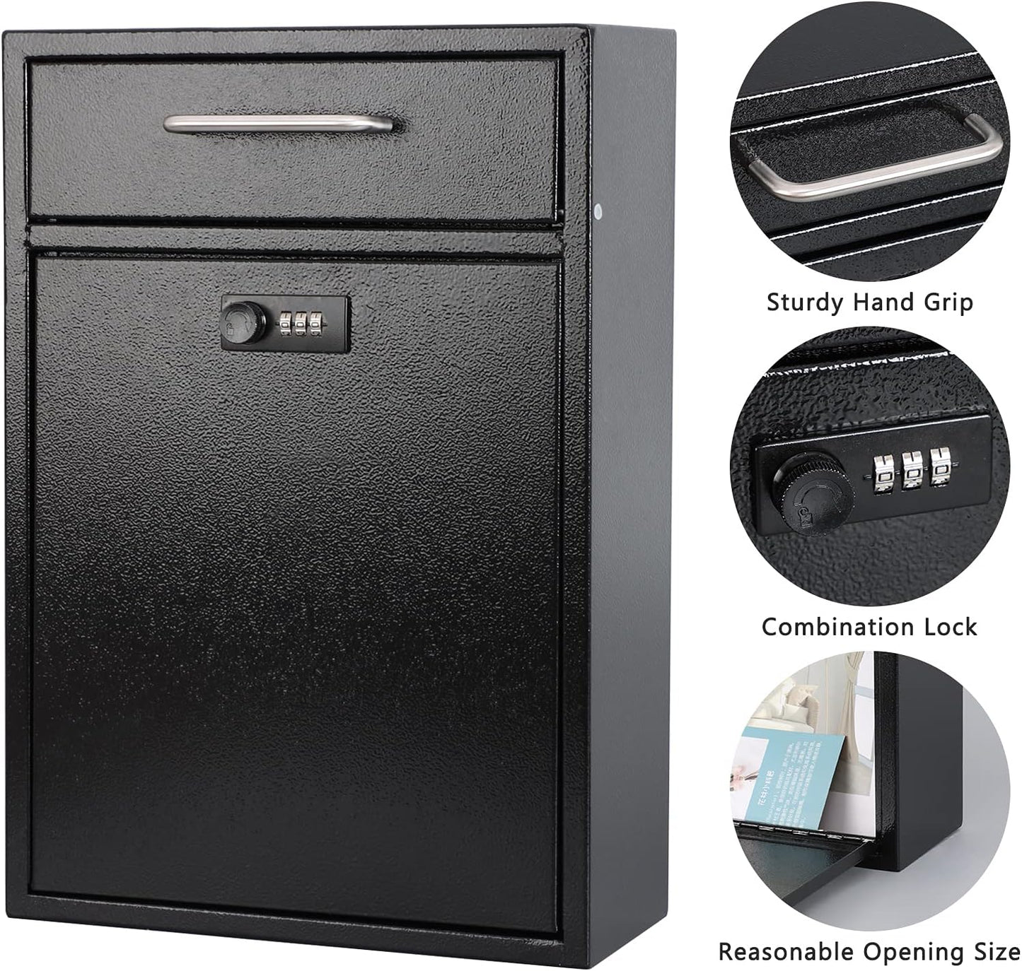 KYODOLED Steel Combination Lock Mail Boxes Outdoor,Locking Wall Mount Mailbox,Security Lock Drop Box,Collection Boxes,16.2H x 11.22L x 4.72W Inches,Black X Large