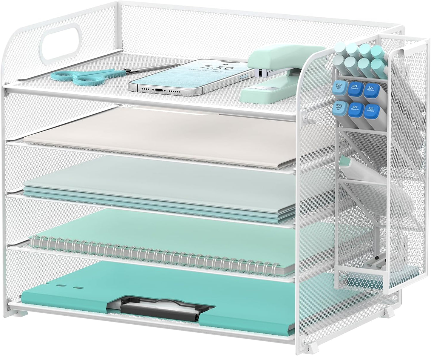 SUPEASY 5 Tier Desk Organizer with Handle & Removable Pen Holders, Mesh Paper/File Organizer for Desk, Paper Letter Tray Organizer for Office Supplies (White)