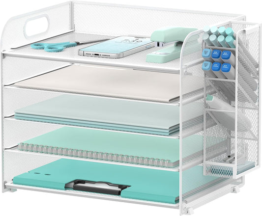SUPEASY 5 Tier Desk Organizer with Handle & Removable Pen Holders, Mesh Paper/File Organizer for Desk, Paper Letter Tray Organizer for Office Supplies (White)
