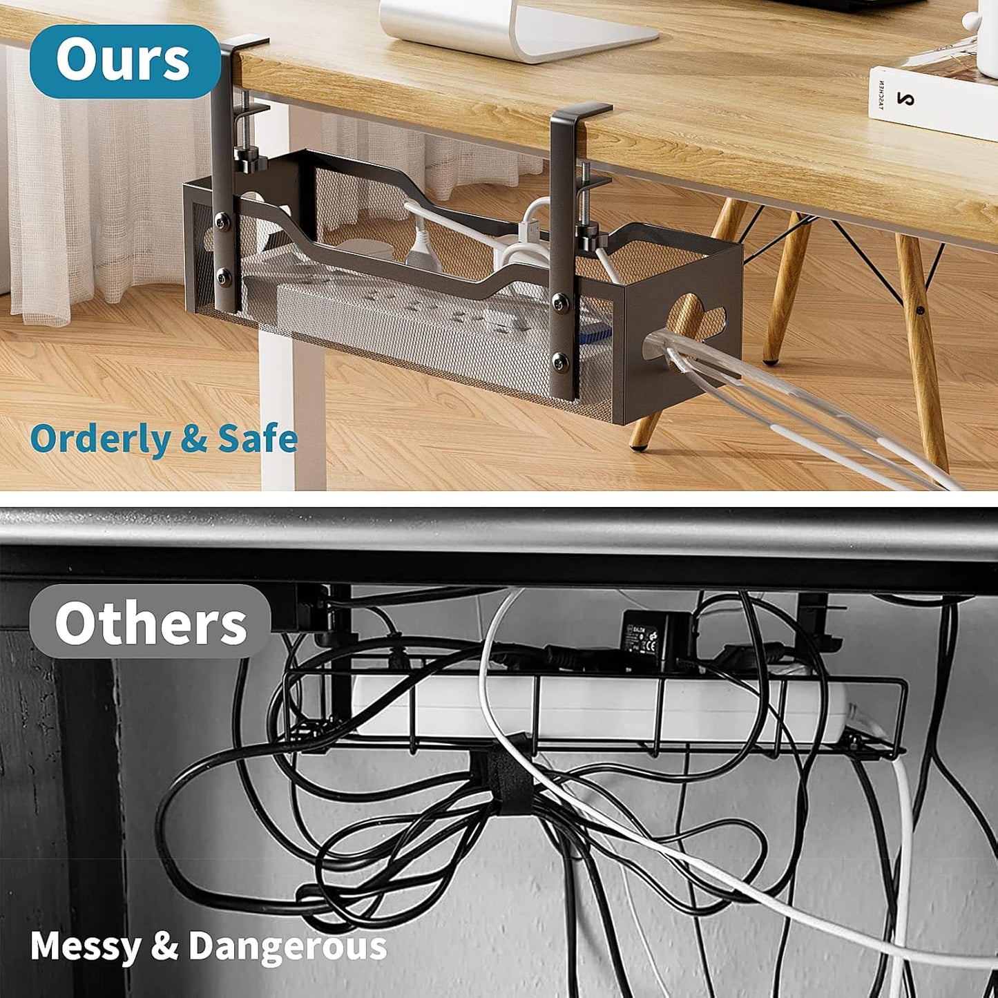Under Desk Cable Management Tray Black, Litwaro Cable Management Under Desk No Drill, Cable Organizer with Clamp for Wire Management, Cord Organizer No Damage to Desk for Office, Home