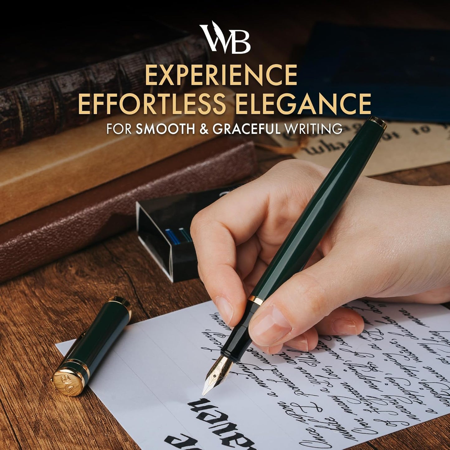 Wordsworth & Black Fountain Pen Set, 18K Gilded Broad Nib, Includes 24 Pack Ink Cartridges, Ink Refill Converter & Gift Box, Gold Finish, Calligraphy, [Racing Green], Perfect for Men & Women