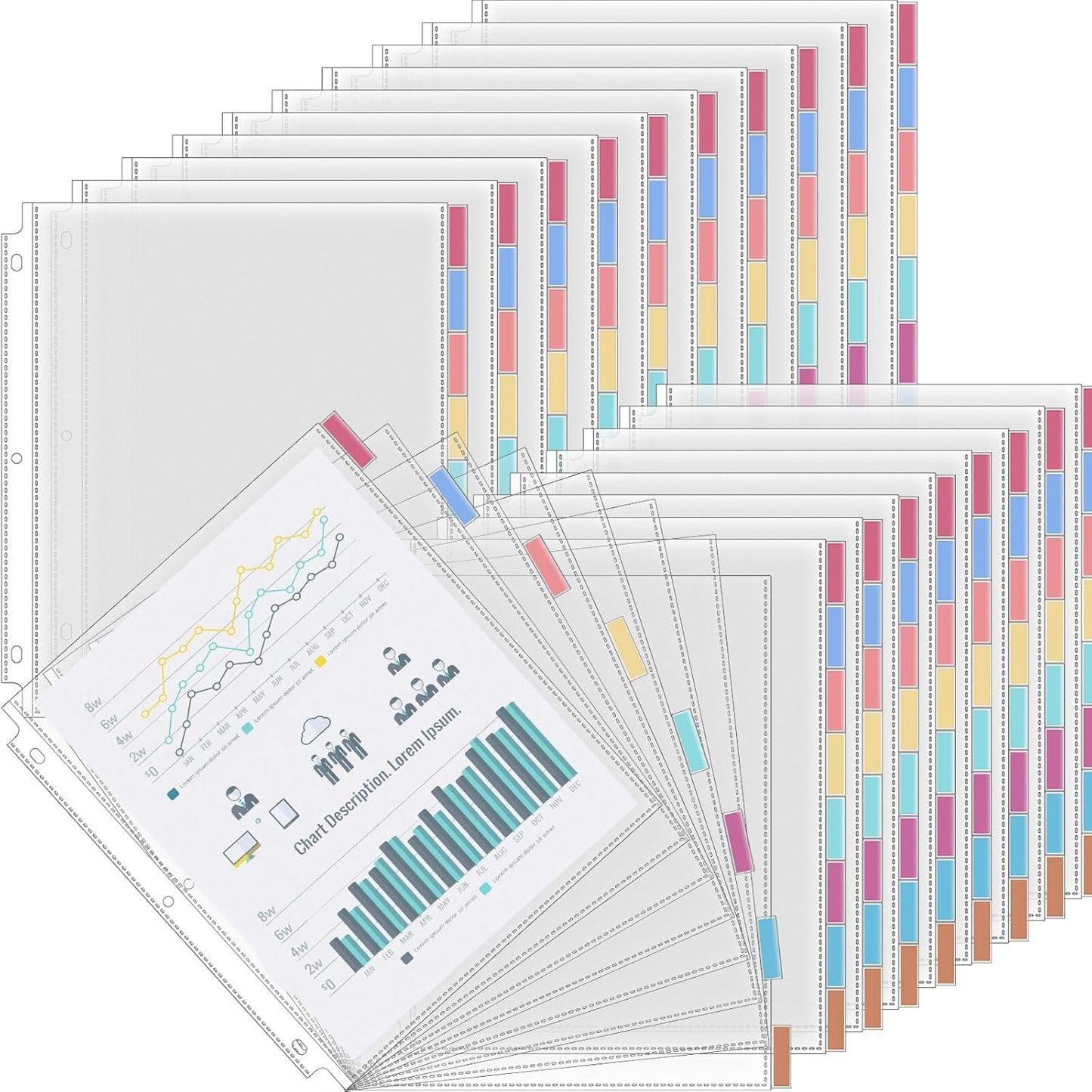 ReliThick 30 Set of 240 Pack Clear Sheet Protectors 8.5 x 11 Inch Page Protector for 3 Ring Binder with 8 Tabs Plastic Dividers for 3 Ring Binder, Insertable Index Page Divider Multicolor Tabs