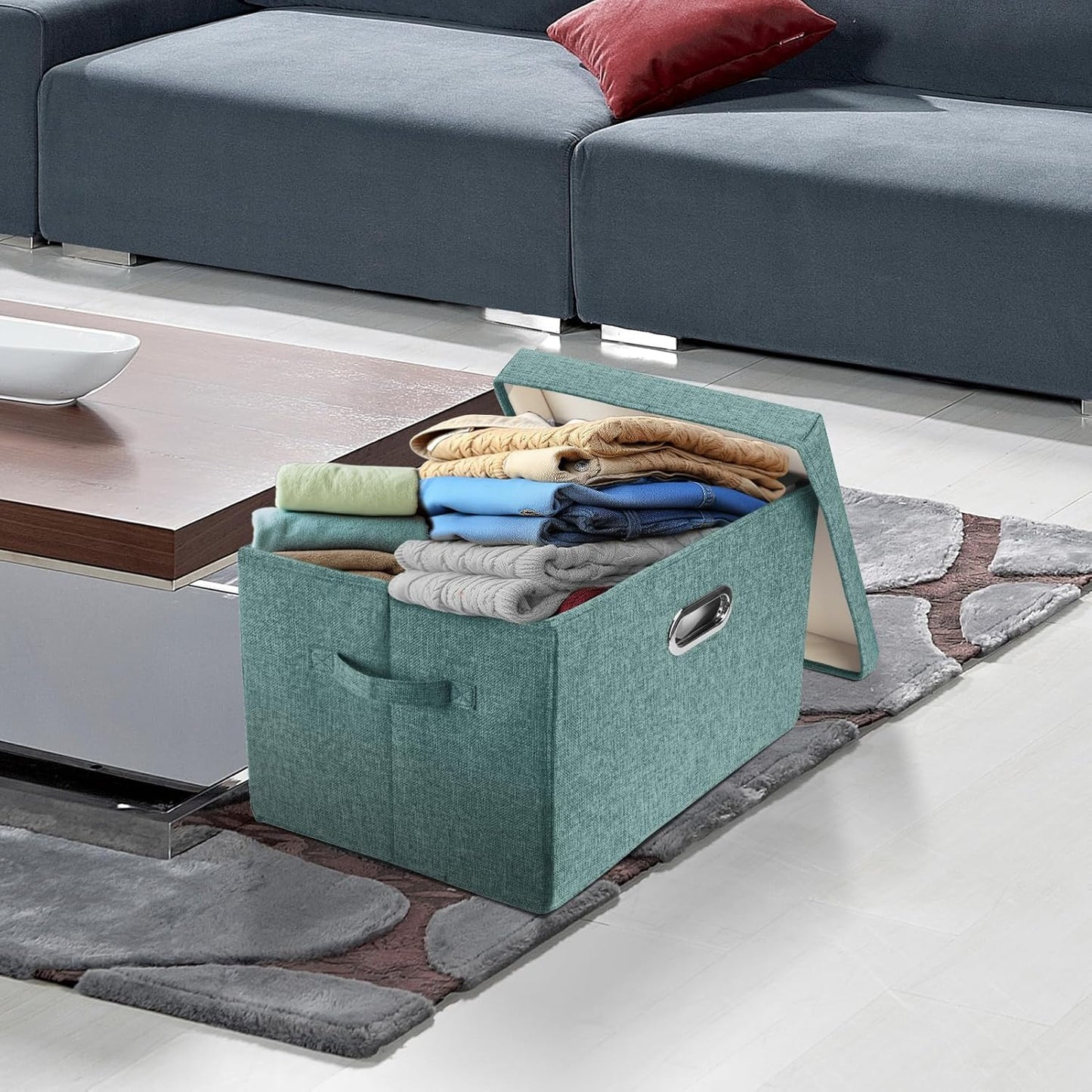 TYEERS Collapsible Storage Bins With Lids, Large Fabric Storage Boxes - 2 Pack - Aqua Deep