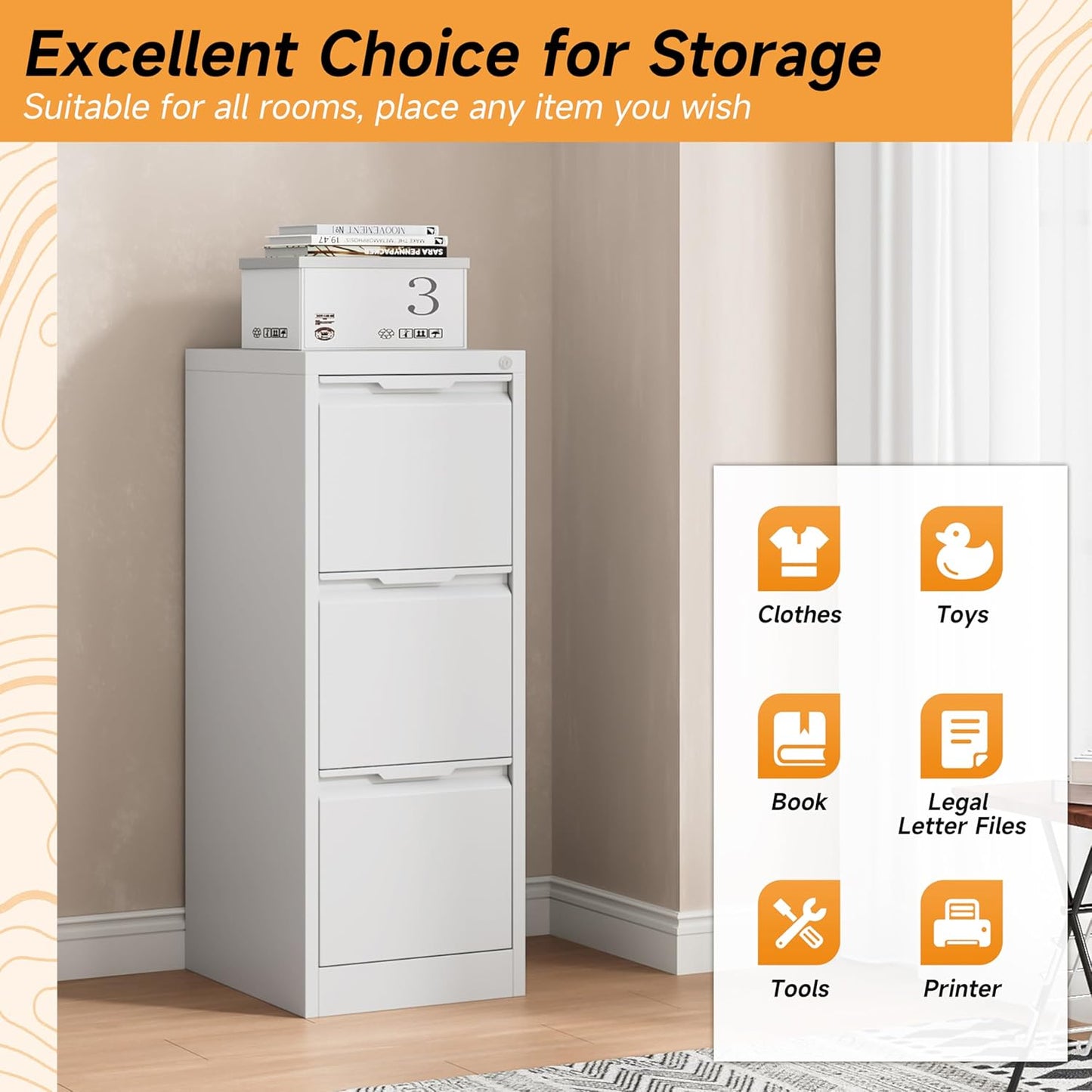 Bestoo 17.8" D File Cabinet, 3 Drawer Metal Filing Cabinets with Lock, Locking Vertical File Cabinet for Letter/Legal/A4/F4 Size, Easy Assemble (White)