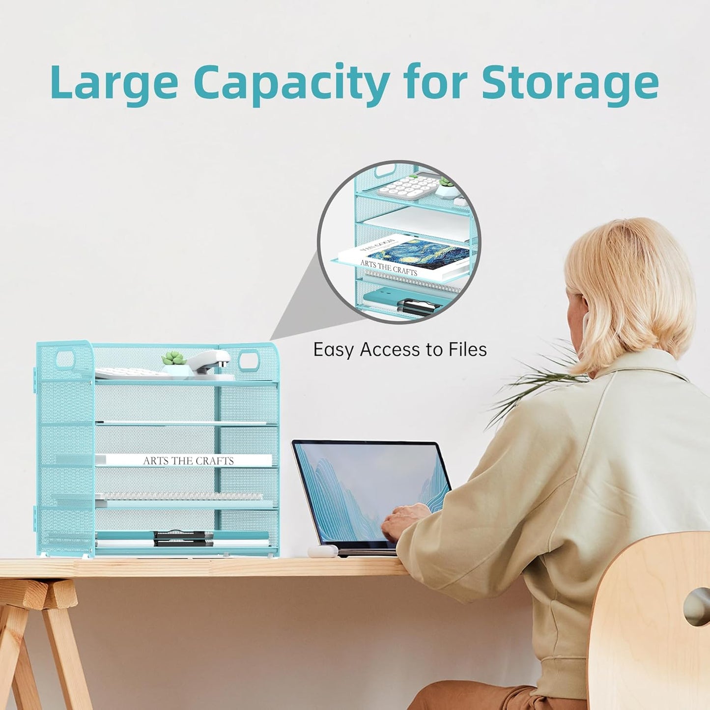 Supeasy 5 Trays Paper Organizer Letter Tray with Handle-Mesh Desk File Organizer, Paper Sorter Desk Organizer for Office, Home or School (Light Blue)