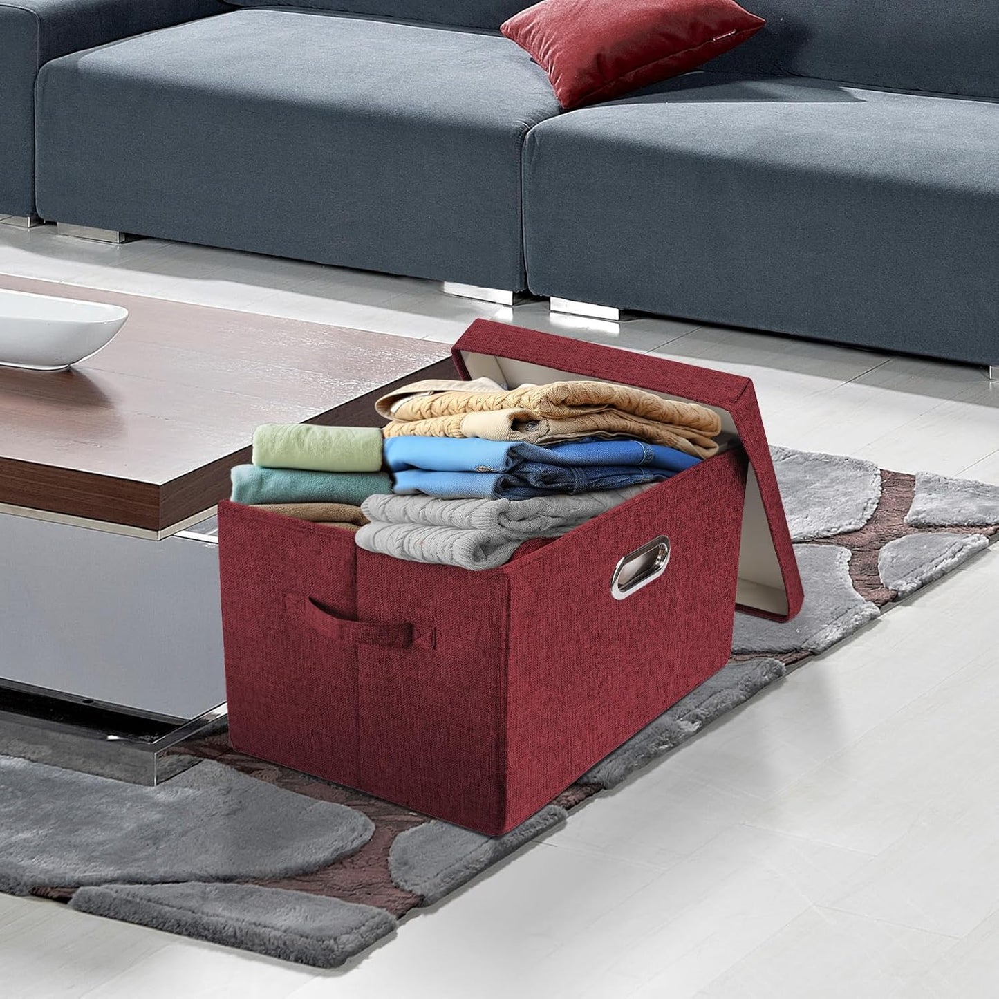 TYEERS Large Collapsible Storage Bins with Lids, Organization Bins for Closet Storage, Clothes Storage, Folding Storage Box with Lids for Home Office Storage - 5 Pack - Red Wine