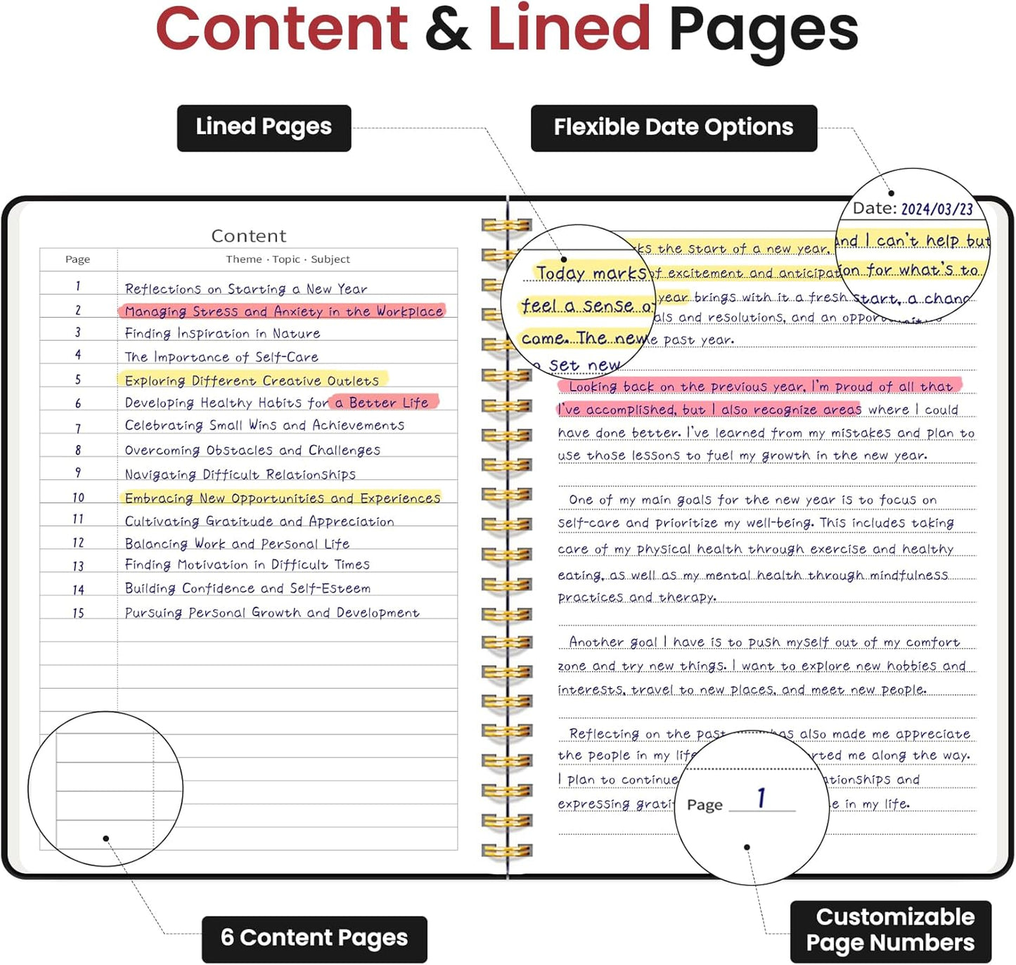 Taja Lined Spiral Journal Notebook for Work, 6 Pack, 140 Pages, College Ruled Hardcover Notebook Journal for Women, 6 Pcs, Journals for Writing, A5(6"x8") - Black