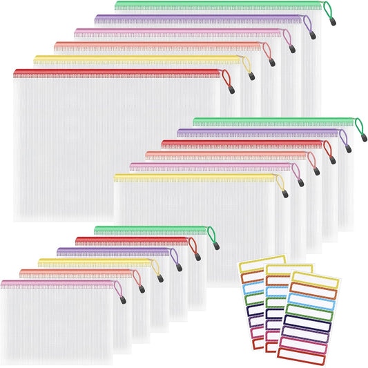 Umriox Mesh Zipper Pouch Bags, A3+A4+A5, (6 colors, 18 Packs), Clear Zipper Pouches, Waterproof Zipper Pouches for Office Supplies Cosmetics Travel Storage