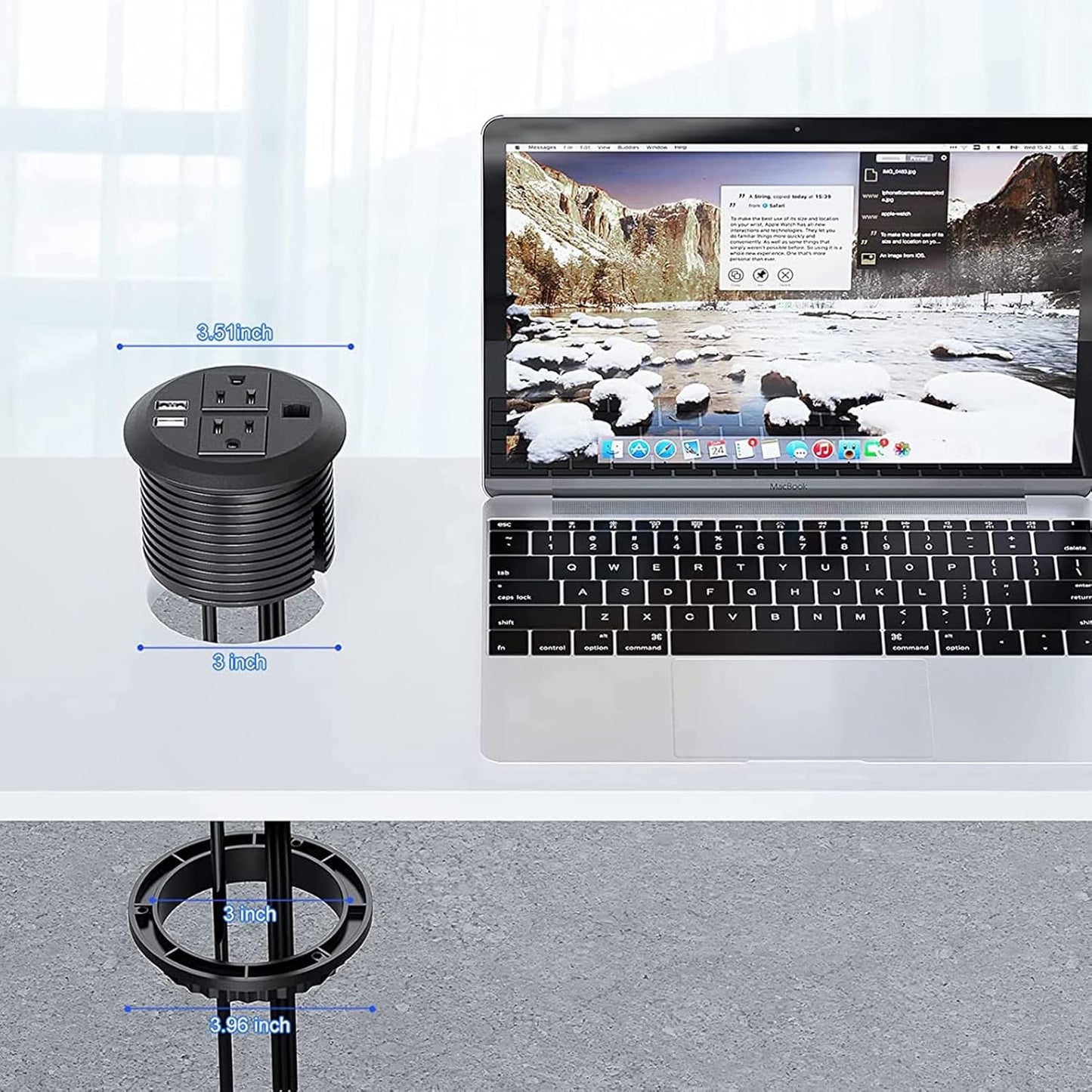 Power Grommet 3 Inch for Desktop, Recessed Desk Outlet with 2USB, 2 AC, 1 Network RJ45 Port & 10Ft Cord, Flush Mount Power Strip Table Power Hub for Countertop, Office, Furniture(Black)