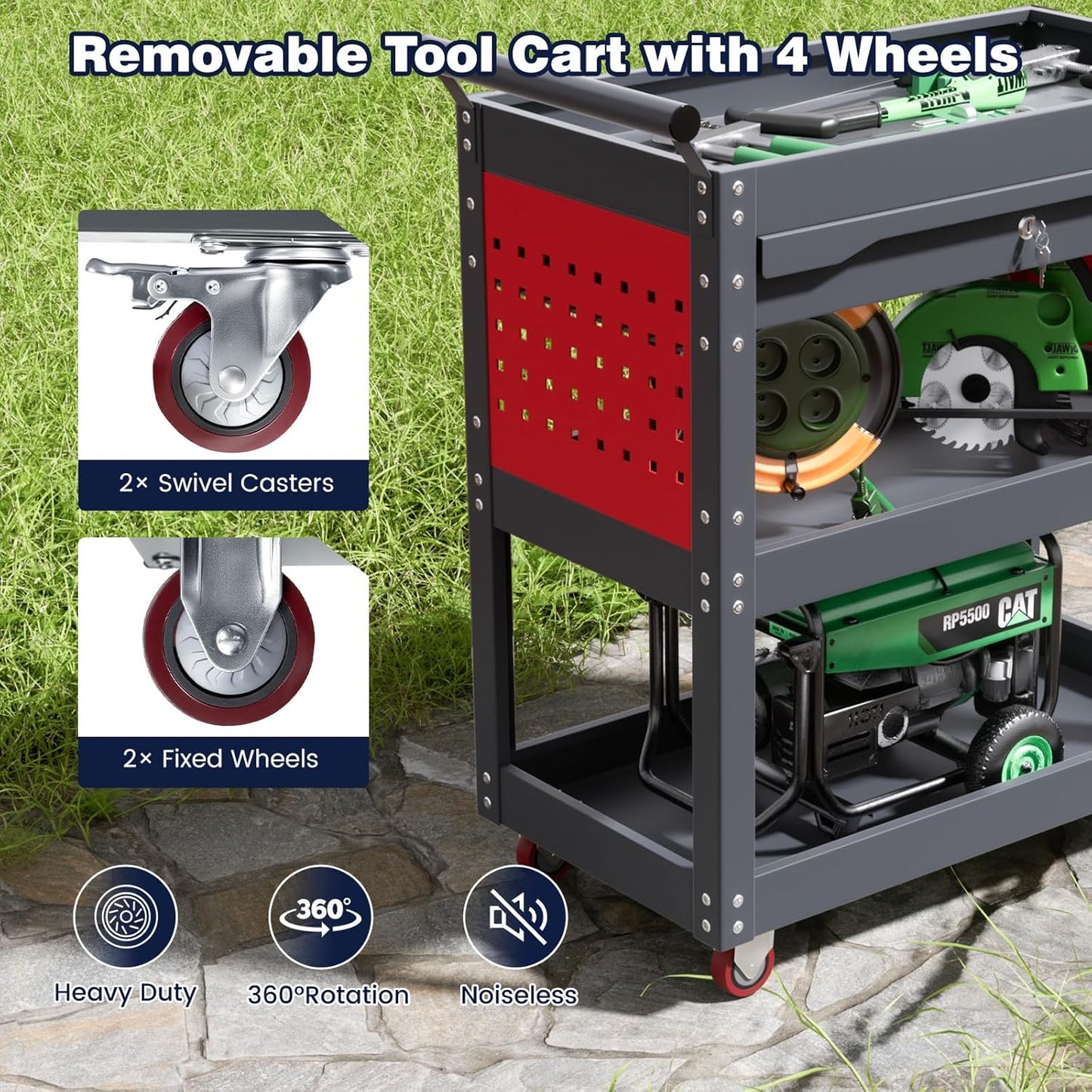 ALANNG 330 LBS Rolling Tool Cart with 1 Drawer & 3 Shelves | Heavy Duty Mechanic Cart Includes 7 Hooks, 2 Pegboards & Screw Organizer | Metal Service Cart for Garage Workshop (Grey, 1 Pack)