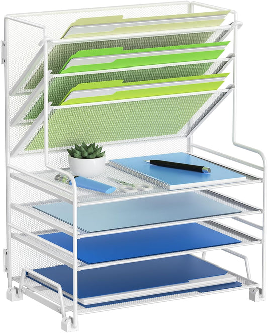 4-Tier Paper Organizer + 3-Pocket File Holder + Drawer + Pen Holders, Desktop File Organizers Paper Tray for Office Supplies School Classroom Organization (White, no Drawer & Pen Holder)