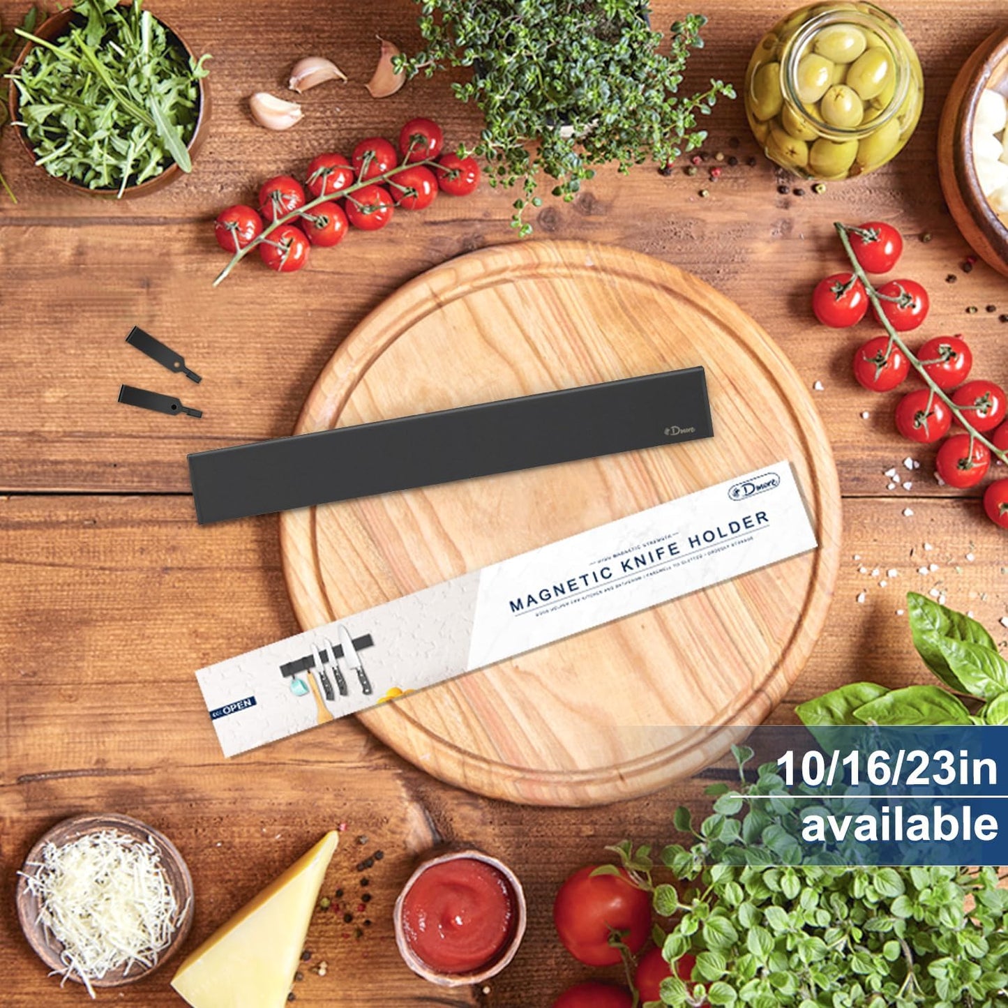 Dmore magnetic knife holder for wall—with 2 hooks, No Drilling 10 Inch black knife magnetic strip, Powerful knife magnet rack, include Adhesive Tape and screws for Knives, Utensils, and Tools