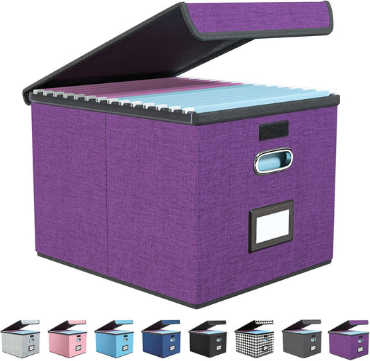 Huolewa File Organizer Box with Lid, Collapsible File Folder Organizer for Office Document Storage, Filing Box with Plastic Slide for Letter/Legal Size Hanging Files, Purple