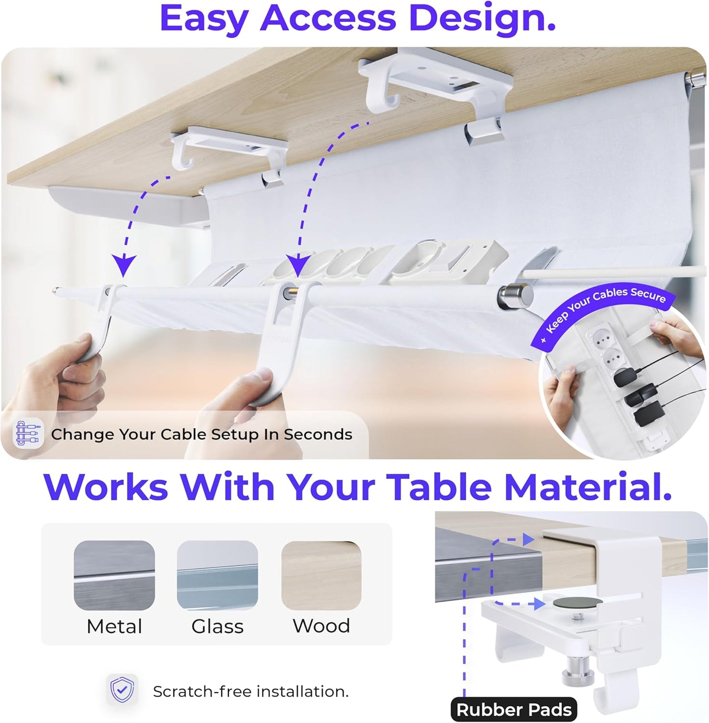 Original No Drill Under Desk Cable Management Tray 40.6" - Premium White Fabric Cable Management Under Desk - Clamp/Screw Mount Cord Organizer - Supports Upto 66lbs - Large